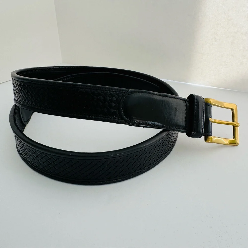 Cole Haan Men's Black Woven Leather Belt 36 Gold Brass Buckle Basketweave A08462